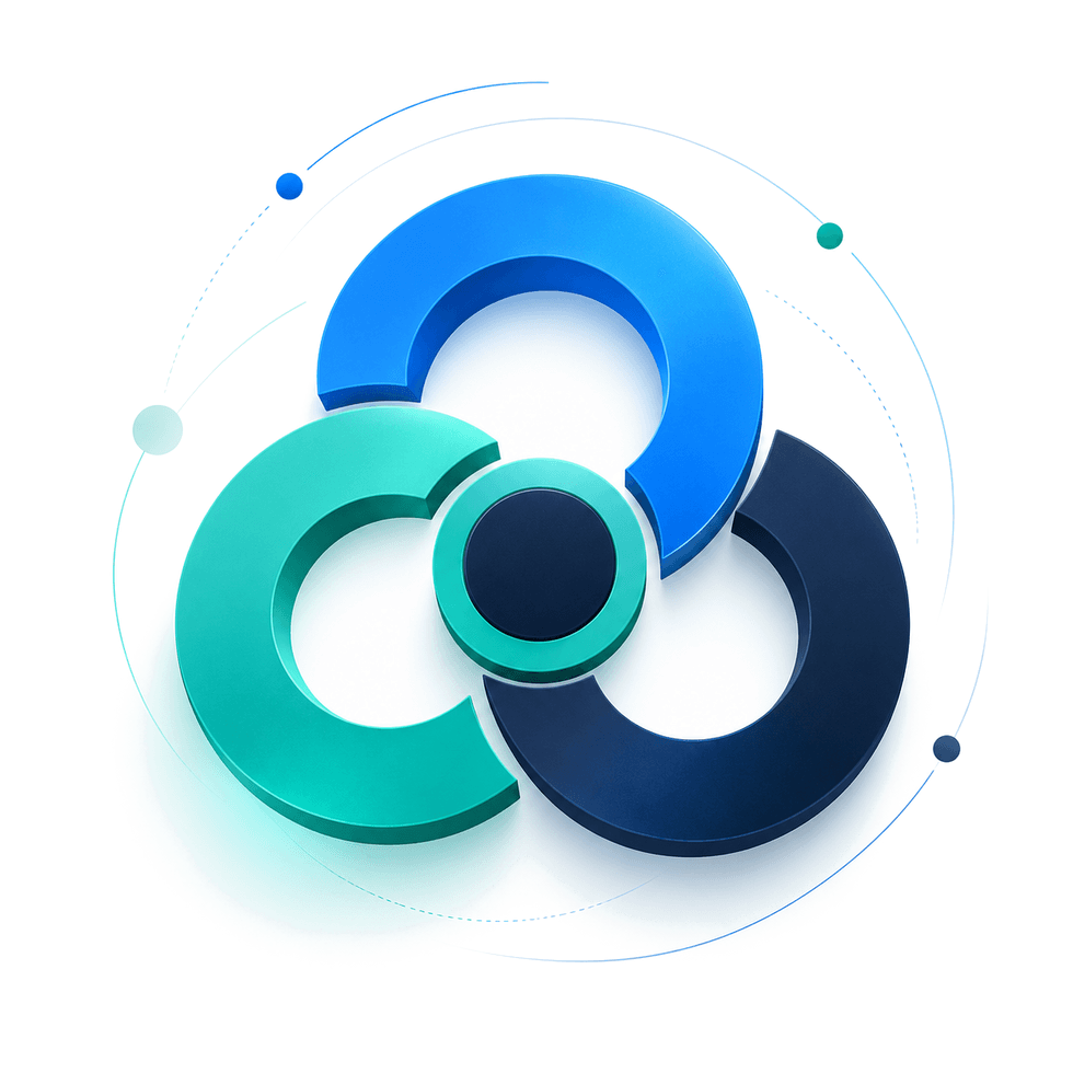 Three interlocking rings in teal, blue, and navy